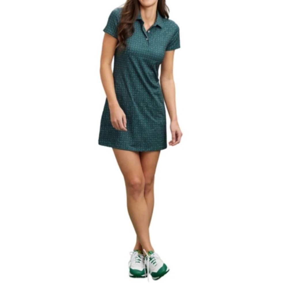 Renwick Size M Performance Polo Back Pleats Dress Green Blue Geo Print Pockets